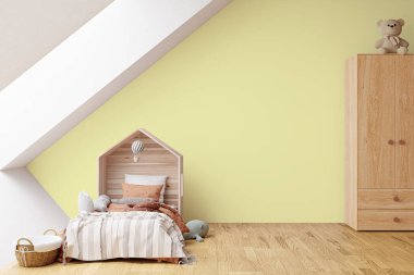 3d rendered illustration of kid bedroom with wooden floor and yellow wall.