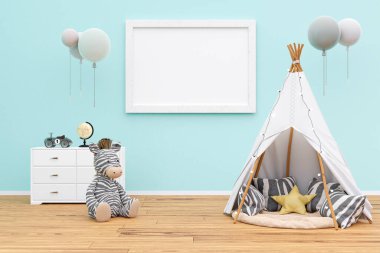 Picture frame mockup in a kids playroom. 3d rendered illustration.