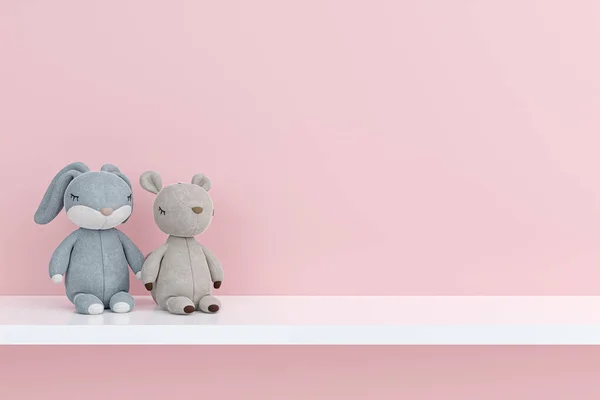 Stuffed toy animals on a white displayed shelf. 3d rendered illustration.