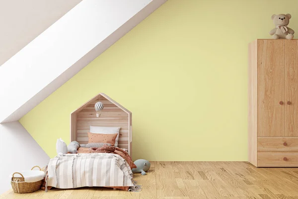 Rendered Illustration Kid Bedroom Wooden Floor Yellow Wall — Foto Stock