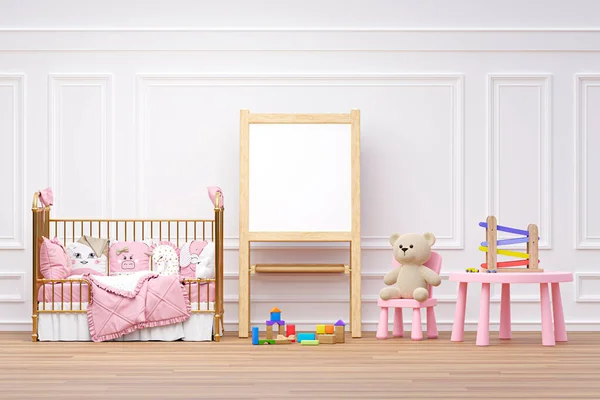 Kids bedroom with stuffed toy animals and writing white board. 3d rendered illustration.