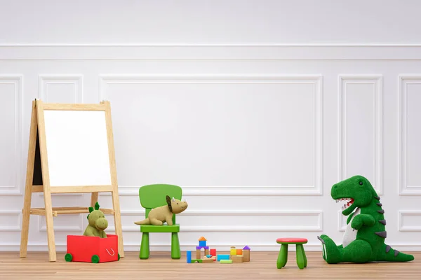 Kids playroom with stuffed toy animals and writing white board. 3d rendered illustration.
