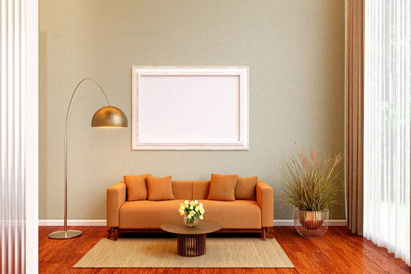 Picture wall mockup frame in a living room, 3d rendered illustration.