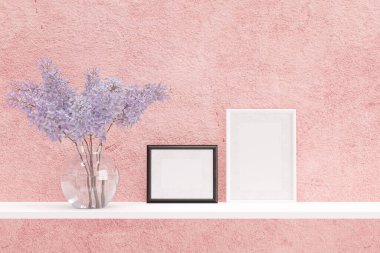 Picture frame mockup with a beautiful flower vase. 3d rendered illustration.