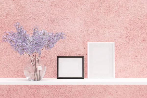 Picture frame mockup with a beautiful flower vase. 3d rendered illustration.