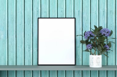 Picture frame mockup with a beautiful flower vase on blue wooden wall. 3d rendered illustration.