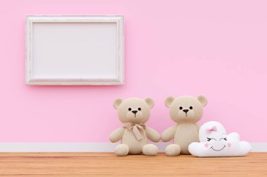 Picture frame mockup with cute teddy bears vase on pink wall. 3d rendered illustration