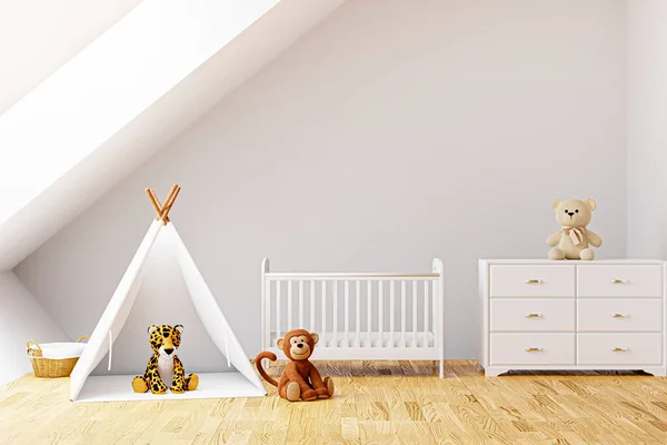 Kids bedroom with wall mockup, 3d rendered illustration.