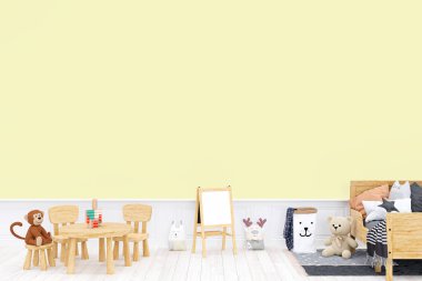 Çocukların yatak odasının duvar modellemesi, 3 boyutlu resimleme ve kişiselleştirilebilir arka plan.