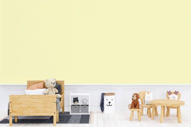 Çocukların yatak odasının duvar modellemesi, 3 boyutlu resimleme ve kişiselleştirilebilir arka plan.