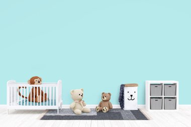 Çocukların yatak odasının duvar modellemesi, 3 boyutlu resimleme ve kişiselleştirilebilir arka plan.