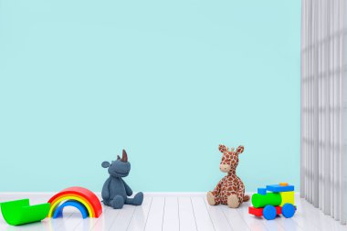 Çocuk oyun odası duvar modeli, 3 boyutlu resimleme ve kişiselleştirilebilir arka plan.