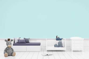 Çocukların yatak odasının duvar modellemesi, 3 boyutlu resimleme ve kişiselleştirilebilir arka plan.