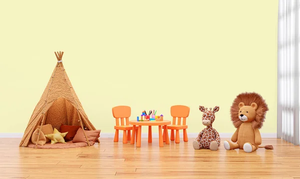 Crianças Playroom Parede Mockup Renderizado Ilustração Com Fundo Personalizável — Fotografia de Stock