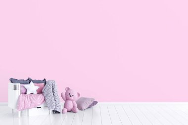 Çocuk odasında duvar kâğıdı maketi. 3d resimlendirme.