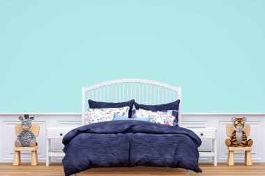 Oyuncak hayvanlarla dolu bir yatak odasının 3 boyutlu çizimi.