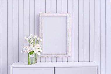 Beyaz ahşap kaplama arka planı olan beyaz bir masa üzerindeki bir resim çerçevesinin 3D çizimi.