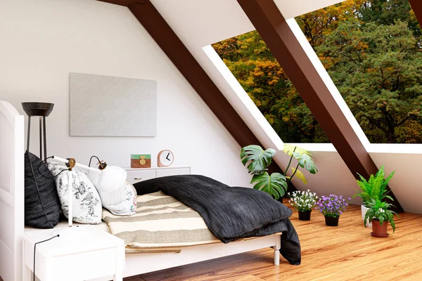 Gerenderte Illustration Eines Hellen Dachgeschossschlafzimmers Mit Mockup Bilderrahmen Und Zimmerpflanzen — Stockfoto