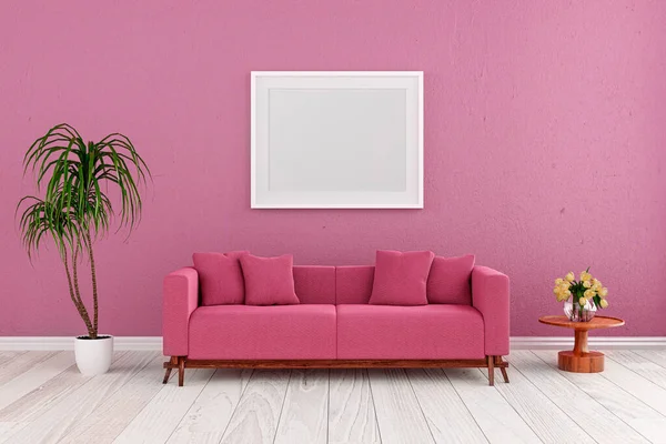 3d 분홍 벽 이 있는 거실 을묘 사 한 삽화. 스톡 사진