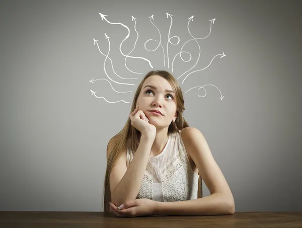 Girl in white is thinking — Stock Photo, Image