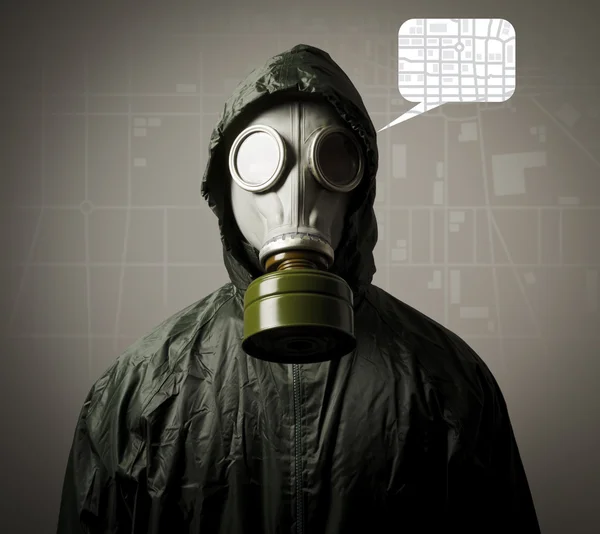 Gas mask and a city map in white balloon. — Stock Photo, Image