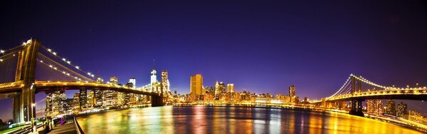 Manhattan Bridge and Brooklyn Bridge with Manhattan skyline At Night taken with fisheye lens
