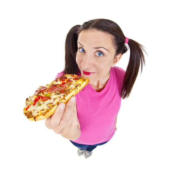 Vrouw die pizza eet Stockafbeelding