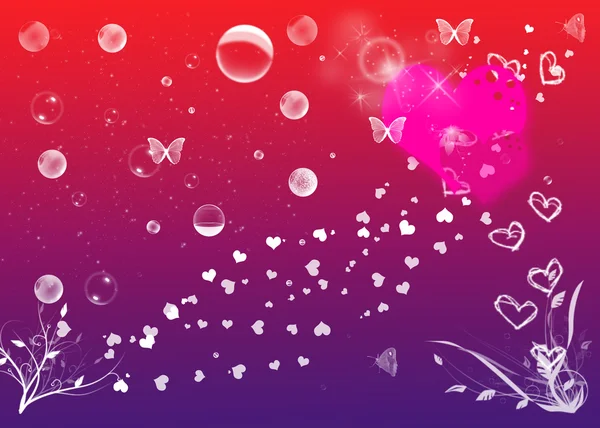 Love background with hearts, butterflies, flowers and bubbles — Stock Photo, Image