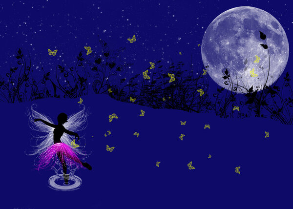 A fairy ballet in the night, dancing under the moon with yellow butterflies around