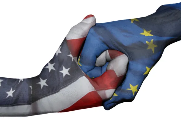 Handshake mezi Spojenými státy a Evropskou unií — Stock fotografie