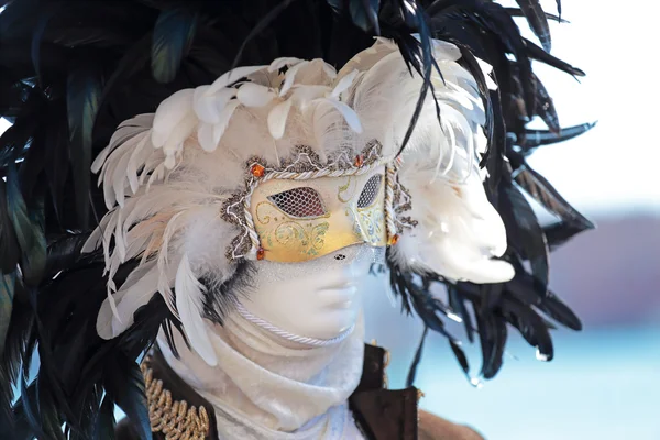 Een zwarte en witte veren masker op carnaval van Venetië — Stockfoto