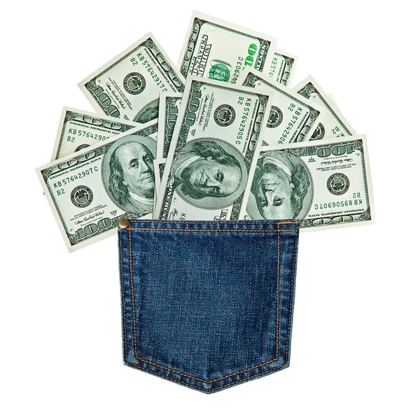 Dollarbiljetten in een jeans zak — Stockfoto