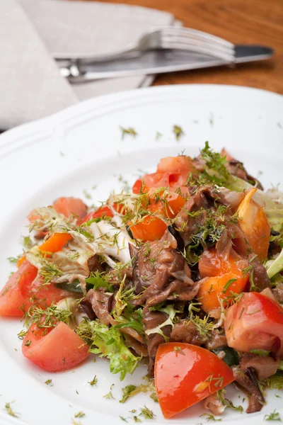 Tofu marinado en salsa de soja con tomate y ensalada — Foto de Stock