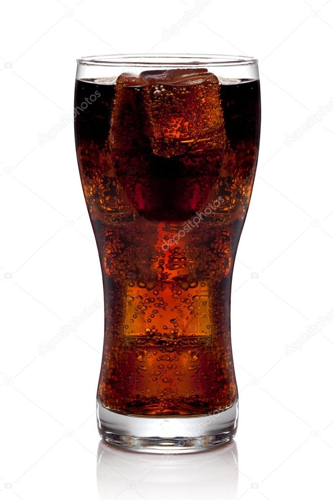 cola glass with ice cubes on   white background.