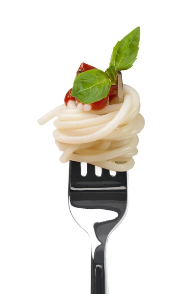 Spaghetti with sauce and parmesan cheese on a fork — Stock Photo, Image