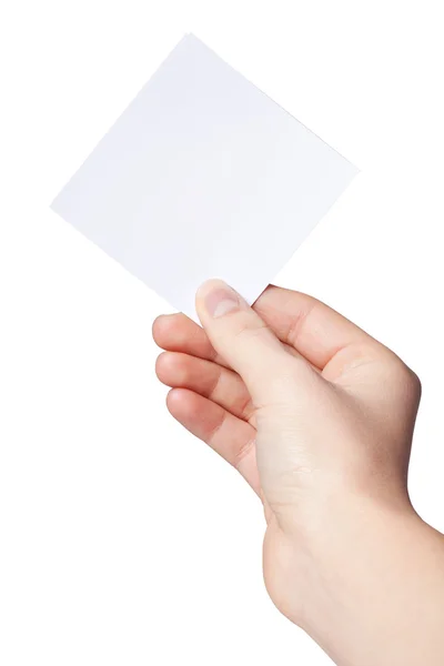 Mano de mujeres sosteniendo etiqueta de papel en blanco —  Fotos de Stock