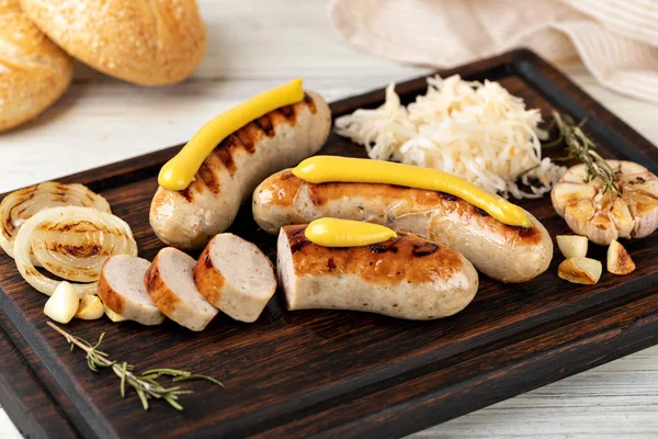 Grilled Sausages Wooden Cutting Board — Stock Photo, Image