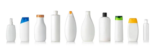 Bottiglie Shampoo Plastica Isolate Sfondo Bianco — Foto Stock