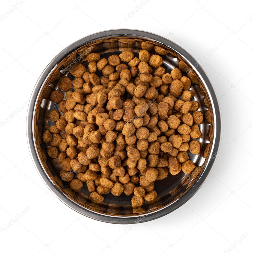 Dry cat food in a bowl, isolated on white background