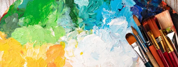 Art Palette Colorful Mixed Paints Paintbrushed — Stock Photo, Image