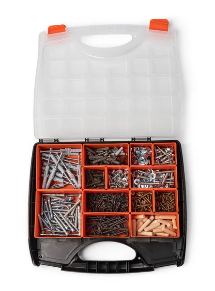 Red Tool Box Square Compartments Screws Dowels — стоковое фото