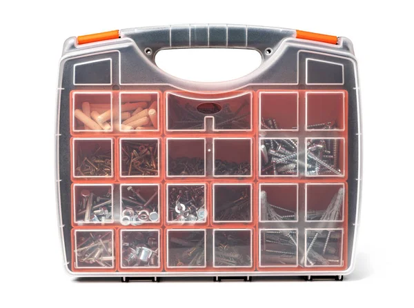 Red Tool Box Square Compartments Screws Dowels — ストック写真