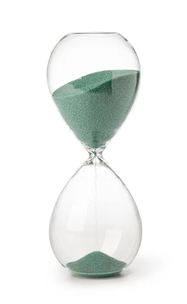 Timglas Med Grön Sand Vit Bakgrund — Stockfoto