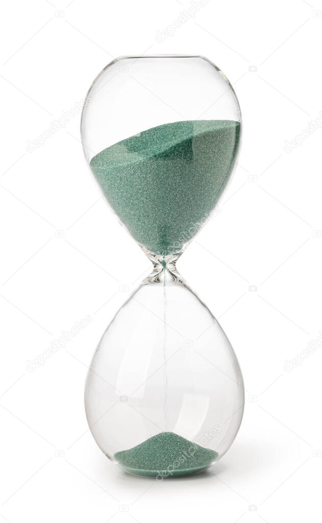 hourglasses with green sand on white background