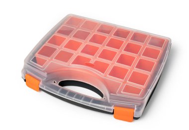 Plastic box for a variety of small items isolated on white background.