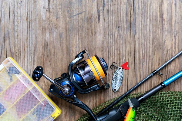 Fishing Tackle Wooden Background — Stock Photo, Image