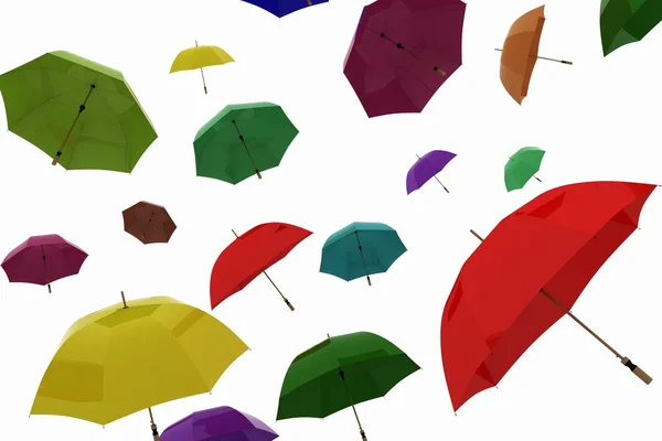 Voando de guarda-chuvas multicoloridos em um branco — Fotografia de Stock