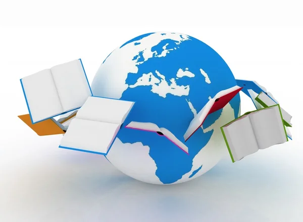 Open books are flying globe. — Stock Photo, Image