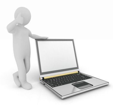 Beyaz arka plan üzerinde izole laptop ile 3D insan