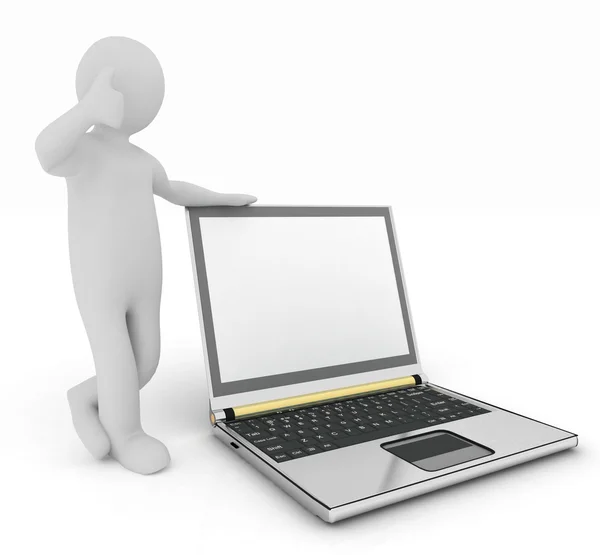 3D-Mensch mit Laptop isoliert auf weißem Hintergrund — Stockfoto